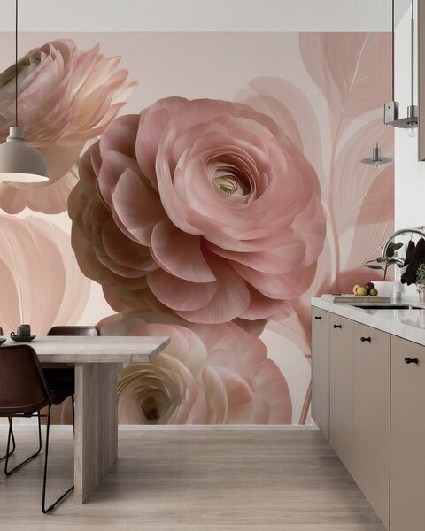 Tapet Flori voluminoase de ranunculus de culoare roz pudră, cu petale translucide în nuanțe delicate de, Imagini de fundal unice, w09998 : Uwalls.ro