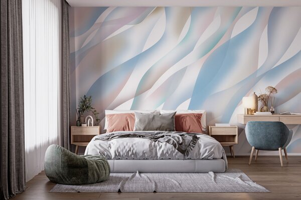 Tapet Valuri abstracte în nuanțe de albastru, roz și bej pe un fundal alb, Fototapet Abstract, w05758v1 : Uwalls.ro