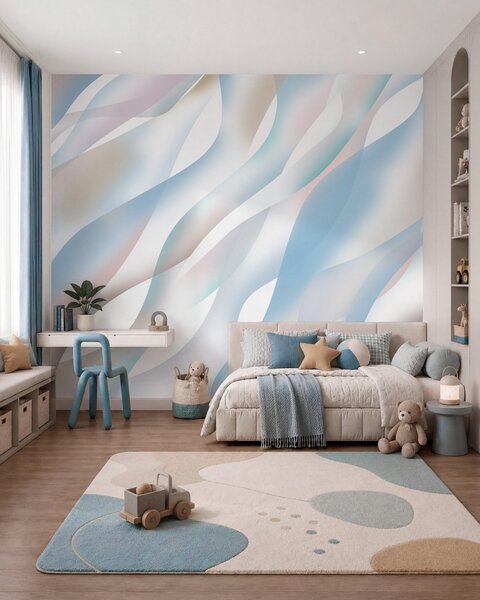 Tapet Valuri abstracte în nuanțe de albastru, roz și bej pe un fundal alb, Fototapet Abstract, w05758v1 : Uwalls.ro