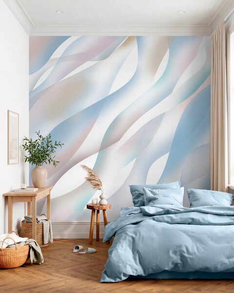 Tapet Valuri abstracte în nuanțe de albastru, roz și bej pe un fundal alb, Fototapet Abstract, w05758v1 : Uwalls.ro