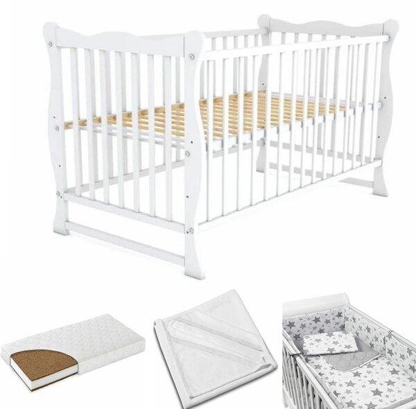 Patut din lemn masiv 120x60 cm Isla alb, include saltea cocos 12 cm, protectie impermeabila si set lenjerie matlasata 5 piese Kidizi