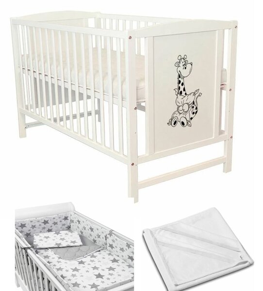 Patut din lemn masiv 120x60 cm Bria alb, include protectie impermeabila si set lenjerie matlasata 5 piese Kidizi