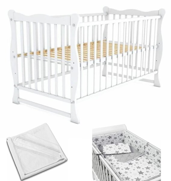 Patut din lemn masiv 120x60 cm Isla alb, include protectie impermeabila si set lenjerie matlasata 5 piese Kidizi