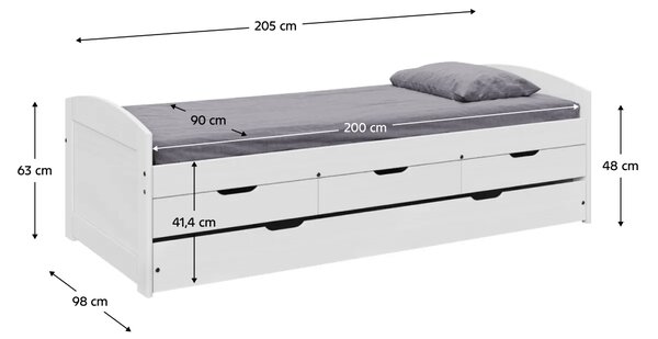 KONDELA Pat cu pat suplimentar extensibil, alb, lemn masiv, 90x200, MARINELLA NEW