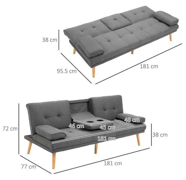 HOMCOM Canapea Extensibilă cu 3 Locuri, 2 Cotiere Detașabile, Covoraș Antiderapant și Imitație In și Lemn, 181x77x72 cm, Gri Închis | Aosom Romania
