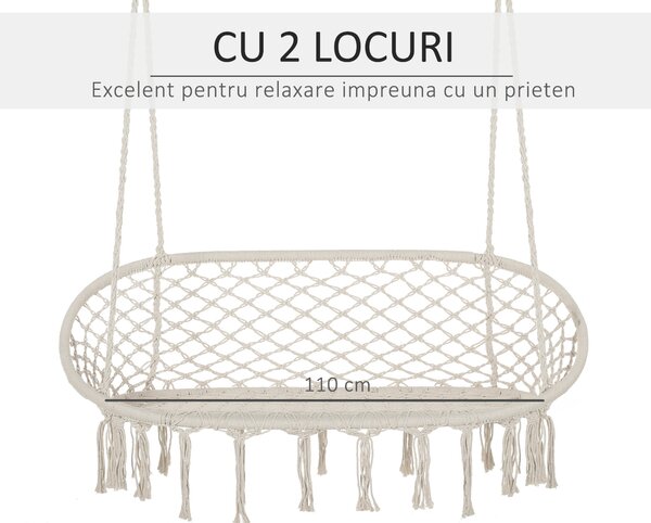 Outsunny Hamac Balansoar pentru Gradina si Casa cu 2 Locuri din Macramé Alb Crem | Aosom Romania