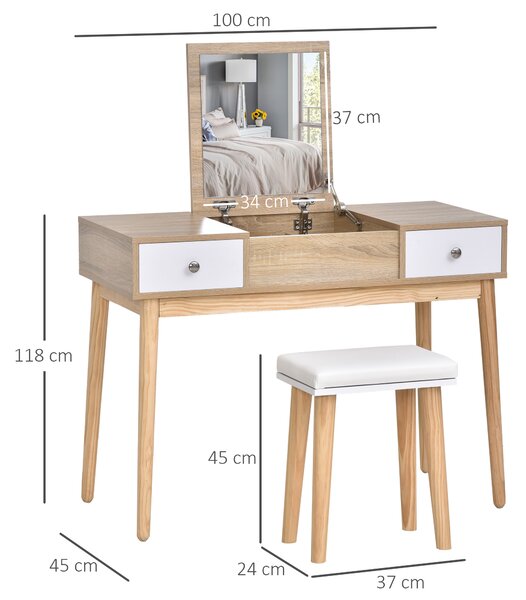 Masa de toaleta cu oglinda glisanta scaun tapitat 2 sertare 5 compartimente de depozitare pentru casa 100x45x118cm Lemn HOMCOM | Aosom RO