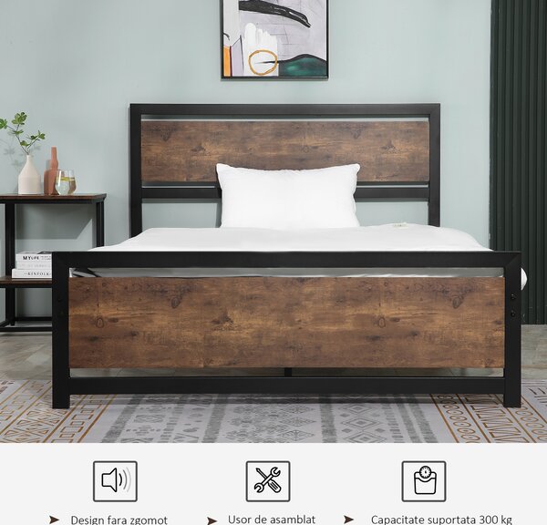 HOMCOM Cadru de Pat Single din Lemn și Oțel 140x200cm, Sipci, Tetieră Stil Industrial, Negru/Maro Rustic | Aosom Romania