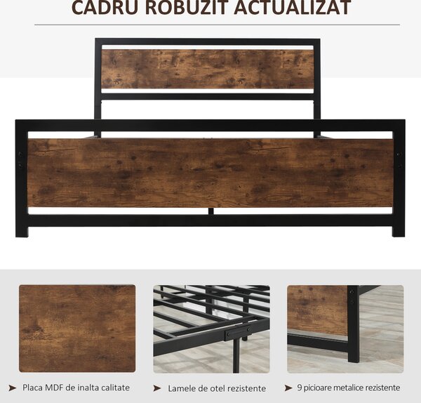 HOMCOM Cadru de Pat Single din Lemn și Oțel 140x200cm, Sipci, Tetieră Stil Industrial, Negru/Maro Rustic | Aosom Romania