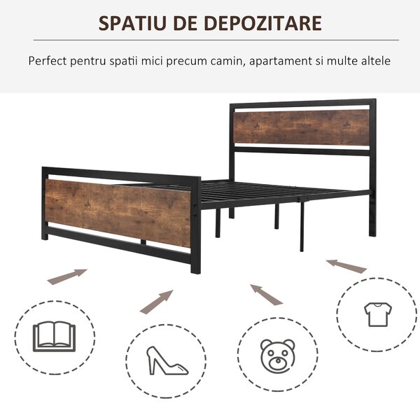 HOMCOM Cadru de Pat Single din Lemn și Oțel 140x200cm, Sipci, Tetieră Stil Industrial, Negru/Maro Rustic | Aosom Romania