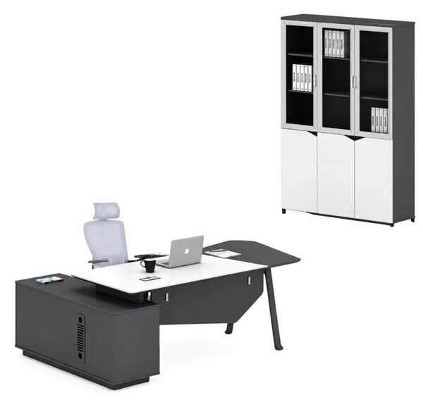 Set Platinia & LumaSeat - Birou directorial cu dulap lateral, scaun ergonomic si dulap cu usi din sticla