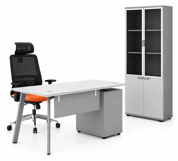 Set Serenity & Infinity - Birou cu dulap lateral, scaun ergonomic si dulap cu usi din sticla