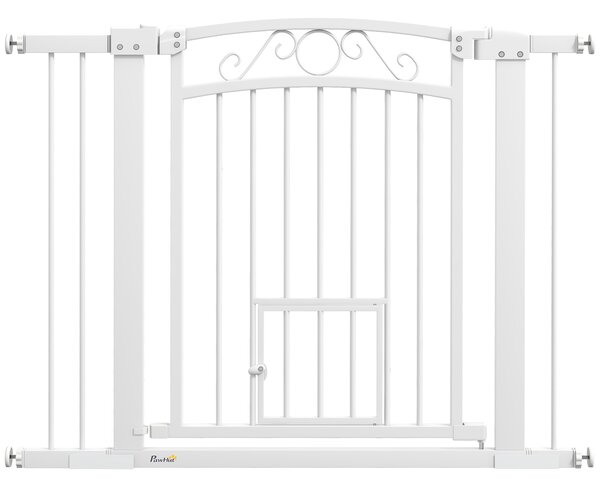 PawHut Ușă de Siguranță pentru Câini de Interior cu 2 Extensii și Ușiță pentru Pisici, 76-104x77 cm, Alb | Aosom Romania