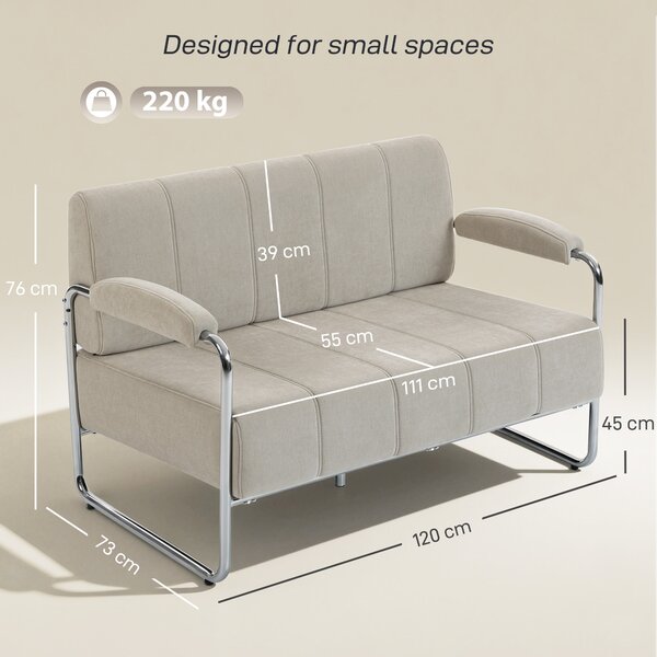 HOMCOM Canapea cu 2 Locuri Tapițată în Chenille cu Cusături Duble, Canapea Modernă cu Brațe și Picioare din Oțel, pentru Living, Birou și Dormitor, 120x73x76 cm, Bej | Aosom Romania