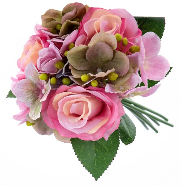 Buchet flori artificiale, Trandafiri cu hortensii, roz închis