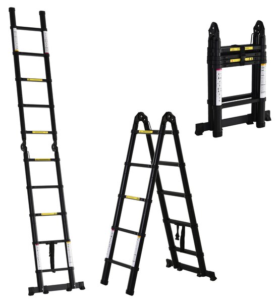 DURHAND Scară Telescopică Pliabilă cu 10 Trepte, Scară Extensibilă din Aluminiu și Metal, 320x67x7 cm, Neagră | Aosom Romania