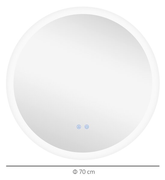 Kleankin Oglindă Rotundă LED pentru Baie, Reglabilă, 3 Temperaturi de Culoare, Anti-Ceță, 70cm | Aosom Romania