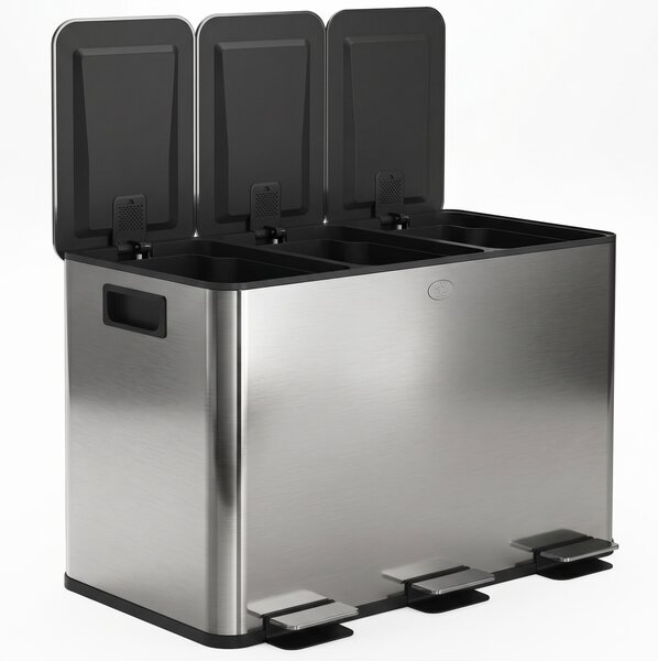 HOMCOM Coș de Gunoi cu 3 Compartimente de 20L, cu Pedală și Capace Silențioase, Ideal pentru Organizare, Dimensiuni 61,9x36,6x56,7 cm, Argintiu | Aosom Romania