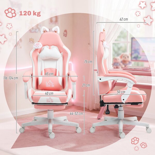 HOMCOM Scaun de Gaming Ergonomic cu Urechi de Pisică, Suport pentru Picioare și Suport Lombar, 65x62x116-124 cm, Roz | Aosom Romania