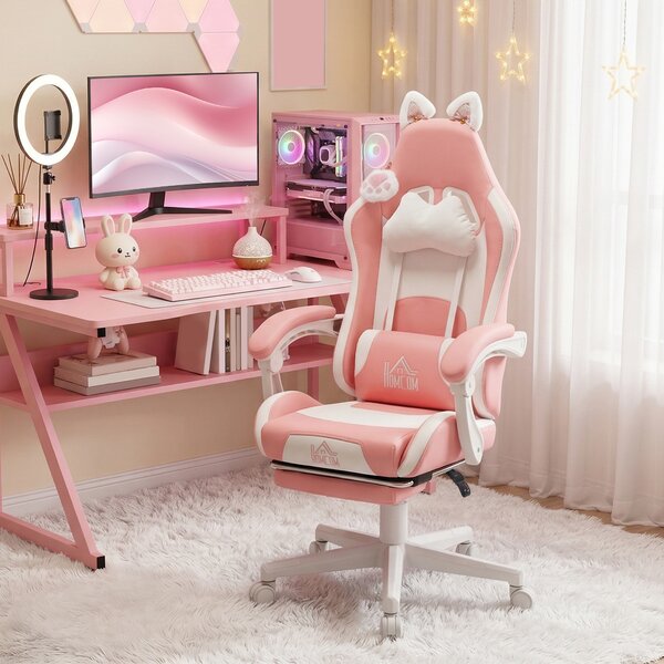 HOMCOM Scaun de Gaming Ergonomic cu Urechi de Pisică, Suport pentru Picioare și Suport Lombar, 65x62x116-124 cm, Roz | Aosom Romania