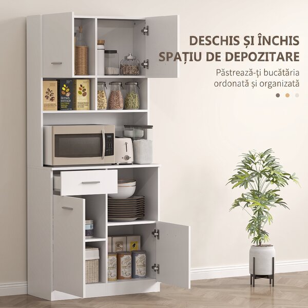 HOMCOM Dulap Înalt pentru Bucătărie cu Sertar, 4 Dulapuri și 3 Spații Deschise, 80x35x180 cm, Alb | Aosom Romania