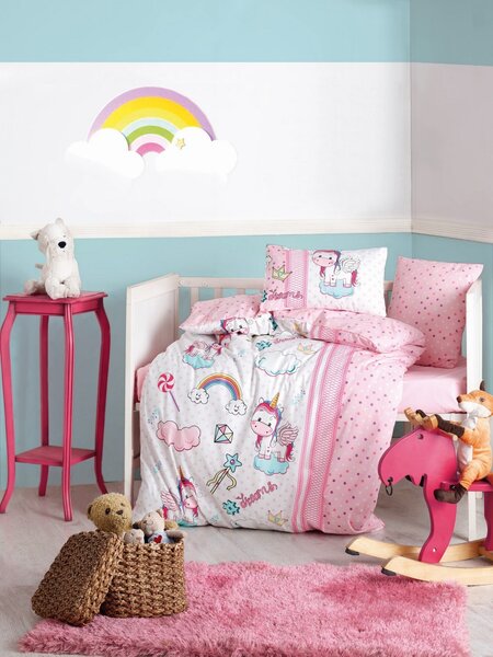 Set lenjerie pat pentru copii Unicorn, bumbac ranforce 100%, roz/impri