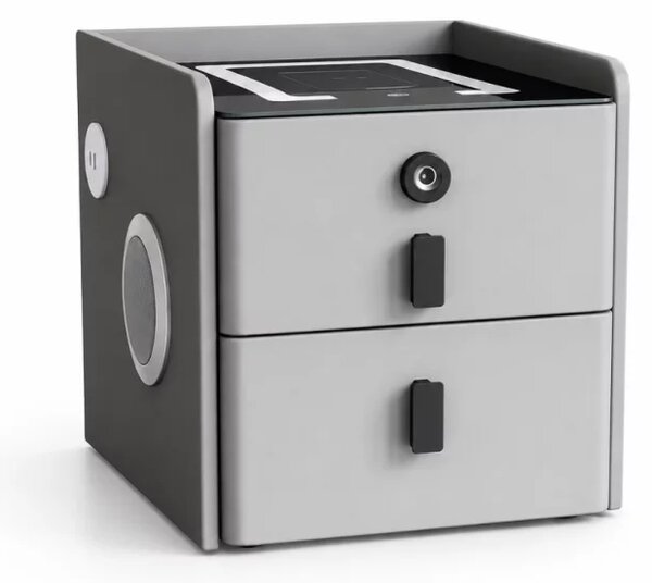 Noptiera inteligenta slim cu incarcare wireless, iluminare LED, difuzor Bluetooth, port USB & Type-C si sistem cu amprenta – culoare gri antracit, 2 sertare, design modern din sticla si lemn