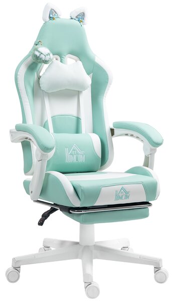 Scaun de Gaming Reclinabil HOMCOM cu Suport pentru Picioare și Perne, din Piele Artificială și Spumă, 65x62x116-124 cm, Albastru și Alb | Aosom Romania