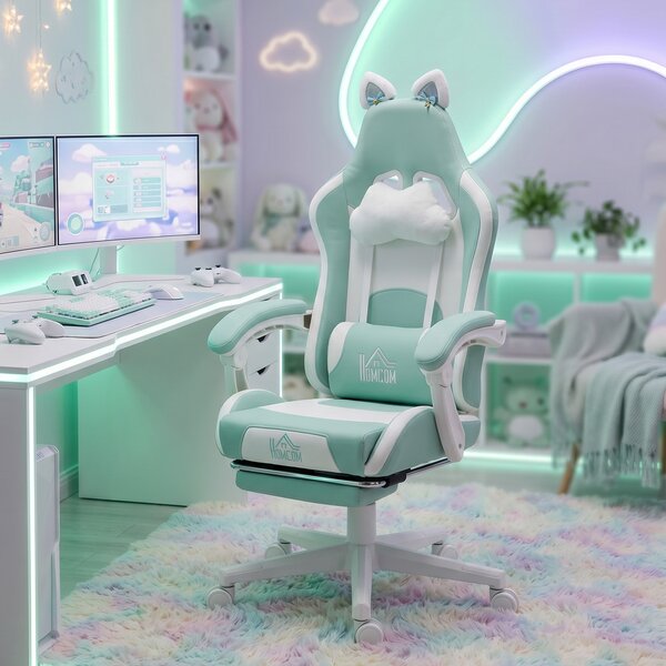 Scaun de Gaming Reclinabil HOMCOM cu Suport pentru Picioare și Perne, din Piele Artificială și Spumă, 65x62x116-124 cm, Albastru și Alb | Aosom Romania