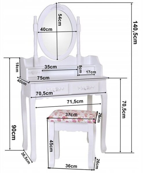 Masa de machiaj vintage cu oglinda ovala si taburet – Model Elegance White