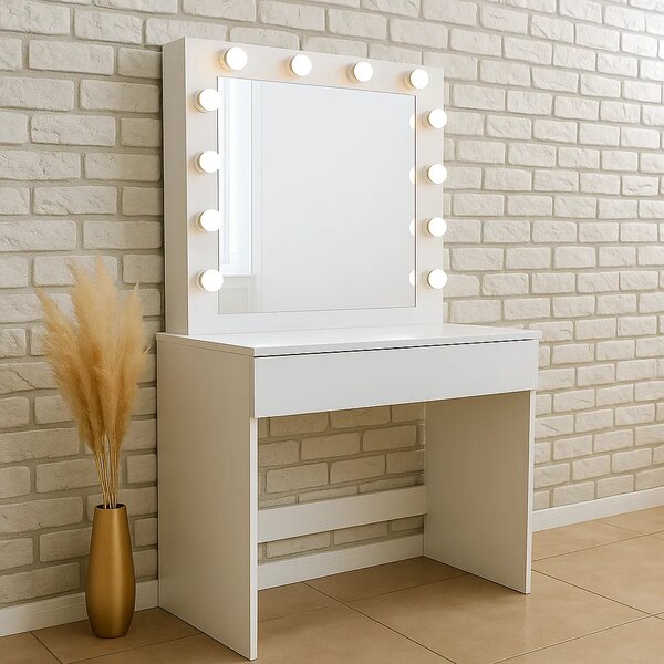 Masa de toaleta cu LED pentru machiaj – 140,5x80x40 cm, oglinda mare si sertar spatios