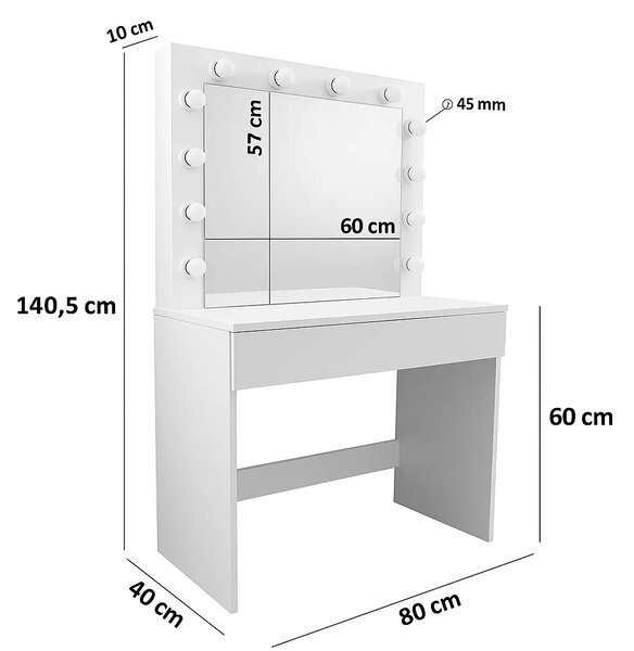 Masa de toaleta cu LED pentru machiaj – 140,5x80x40 cm, oglinda mare si sertar spatios