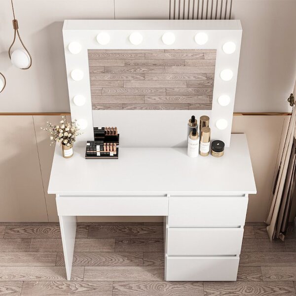 Masă de toaletă albă cu sertare și oglindă – 94×43×140 cm – set machiaj elegant