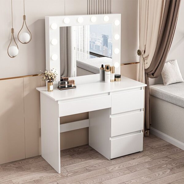 Masă de toaletă albă cu sertare și oglindă – 94×43×140 cm – set machiaj elegant