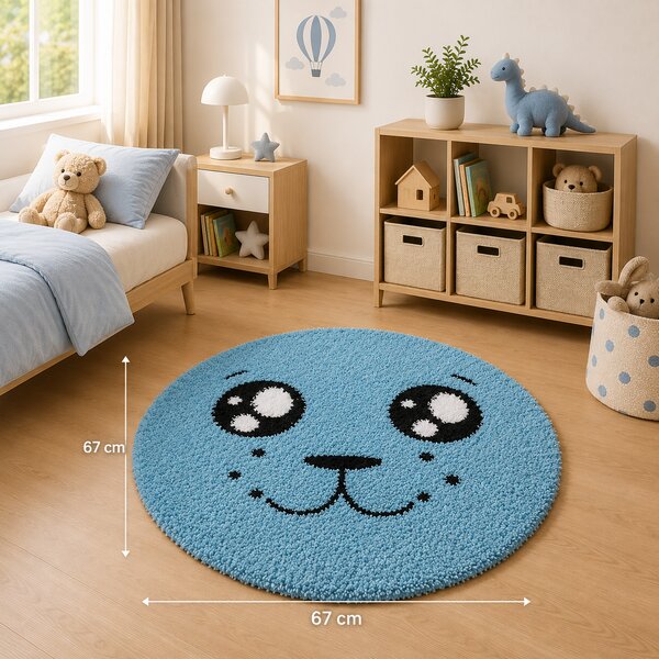 Covor Rotund,Model Smile 12090 3312, Camera Copilului, Dimensiunea 67x67 cm, Albastru Rotund, 67x67