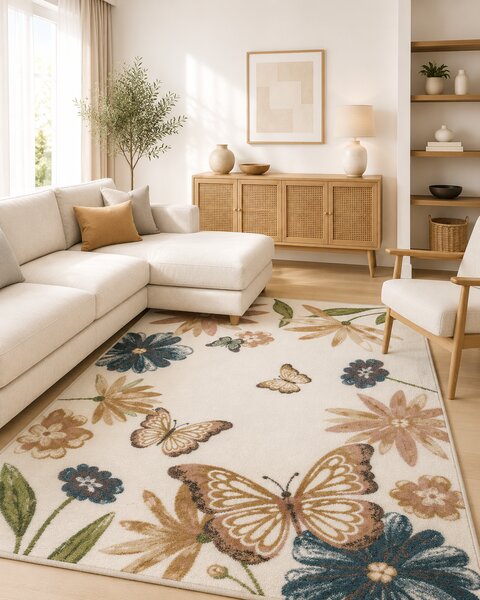 Covor Sufragerei Dormitor, Model Fluturi 18066 120, Crem Multicolor, Dreptunghi, 120x170