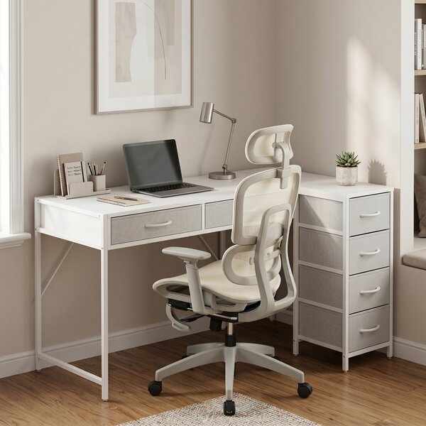 HOMCOM Birou de Colț Reversibil cu Prize și Porturi USB, 126x48 cm, Birou în Formă de L cu 6 Sertare din Material Textil, Cârlig Lateral, pentru Computer, Birou, Cameră, Alb | Aosom Romania