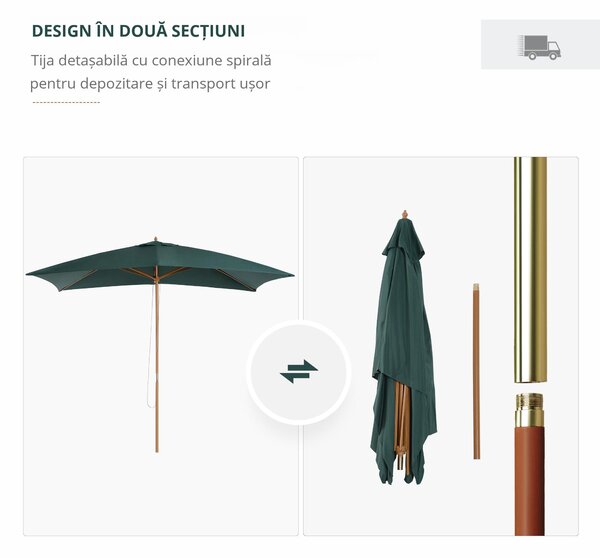 Outsunny Umbrelă din Lemn pentru Grădină, Verde, 2X3M, Design Elegant, Rezistentă la Intemperii | Aosom Romania