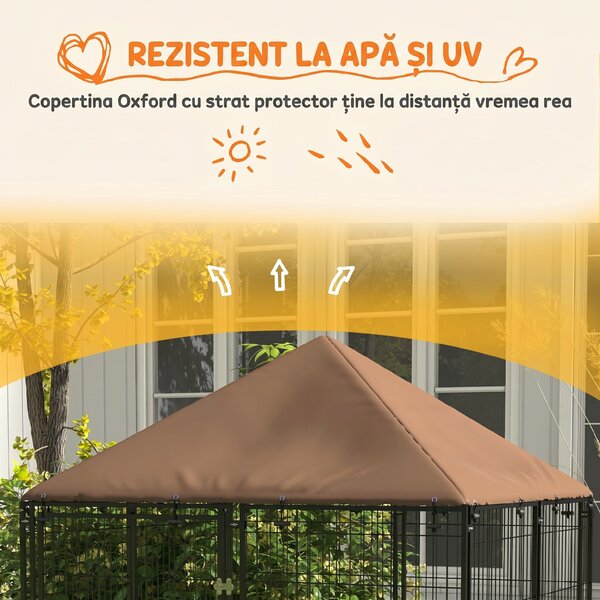 PawHut Gard pentru Câini din Metal cu Ușă pentru Boluri, Gard pentru Câini de Exterior cu Acoperiș, 141x141x151 cm, Negru și Maro