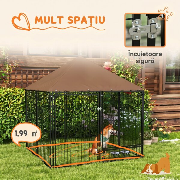 PawHut Gard pentru Câini din Metal cu Ușă pentru Boluri, Gard pentru Câini de Exterior cu Acoperiș, 141x141x151 cm, Negru și Maro