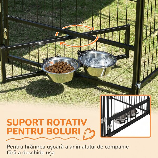 PawHut Gard pentru Câini din Metal cu Ușă pentru Boluri, Gard pentru Câini de Exterior cu Acoperiș, 141x141x151 cm, Negru și Maro