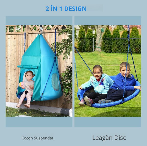 Leagan pentru gradina pentru copii 3–8 ani, Ø100cm, franghii reglabile, albastru | Aosom Romania