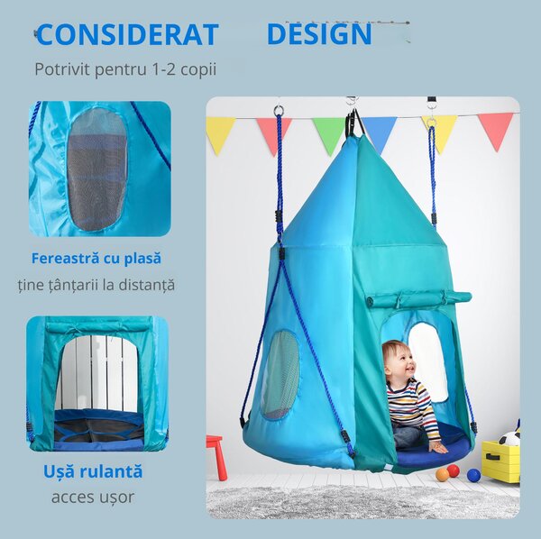 Leagan pentru gradina pentru copii 3–8 ani, Ø100cm, franghii reglabile, albastru | Aosom Romania