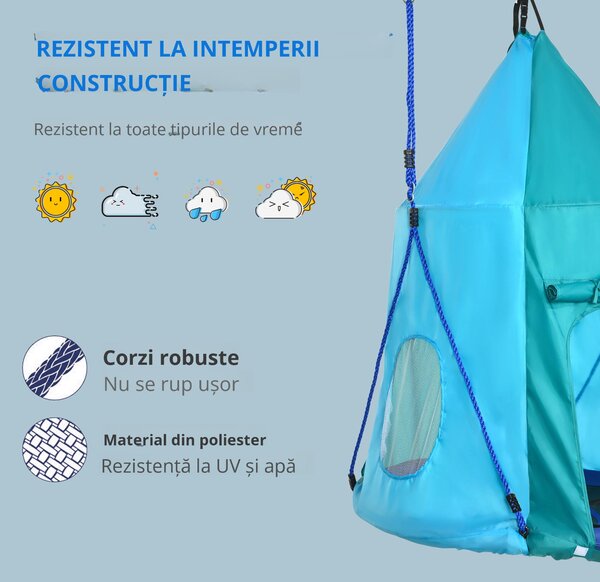 Leagan pentru gradina pentru copii 3–8 ani, Ø100cm, franghii reglabile, albastru | Aosom Romania
