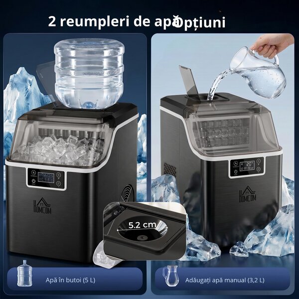 HOMCOM Mașină de Gheață cu 24 de Cuburi de Dimensiune Reglabilă, Rezervor și Sistem de Autocurățare, 25.2x36x37.1 cm, Negru | Aosom Romania