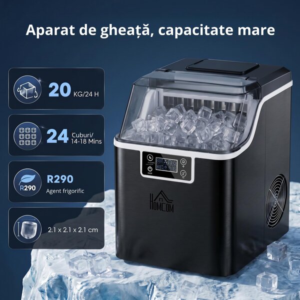 HOMCOM Mașină de Gheață cu 24 de Cuburi de Dimensiune Reglabilă, Rezervor și Sistem de Autocurățare, 25.2x36x37.1 cm, Negru | Aosom Romania