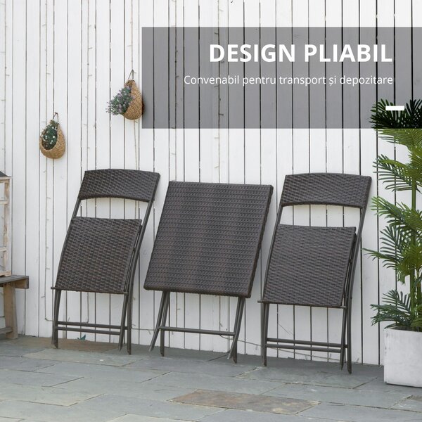 Outsunny Set Mobilier de Grădină din Poly Ratan, 3 Piese, Masă și 2 Scaune Pliabile, Rezistent la Apă și UV, Negru | Aosom Romania