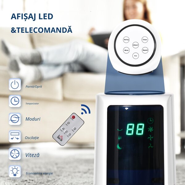 HOMCOM Ventilator Turn cu 3 Moduri și 3 Viteze cu Cronometru 12h, Ventilator de Podea ABS cu Telecomandă, Ø32x118.2 cm, Alb | Aosom Romania