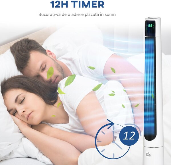 HOMCOM Ventilator Turn cu 3 Moduri și 3 Viteze cu Cronometru 12h, Ventilator de Podea ABS cu Telecomandă, Ø32x118.2 cm, Alb | Aosom Romania