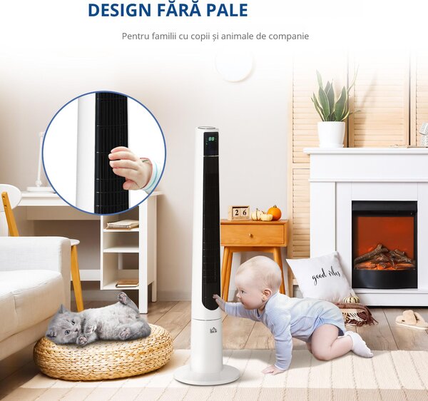 HOMCOM Ventilator Turn cu 3 Moduri și 3 Viteze cu Cronometru 12h, Ventilator de Podea ABS cu Telecomandă, Ø32x118.2 cm, Alb | Aosom Romania